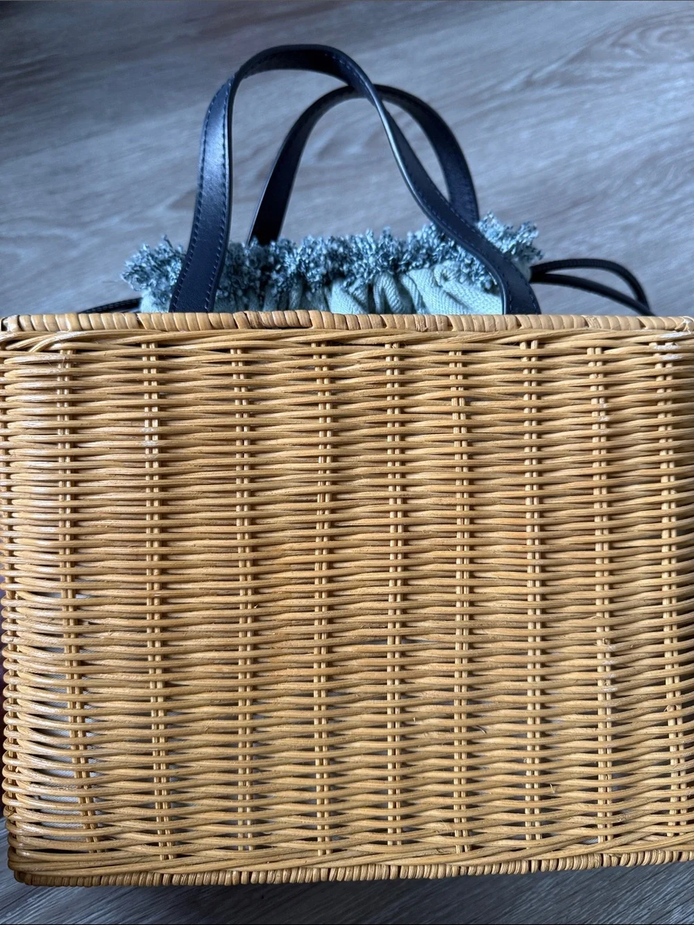 Kate Spade Blue-Trim Wicker Tote with Light Blue Fabric Insert - Picture 4 of 7